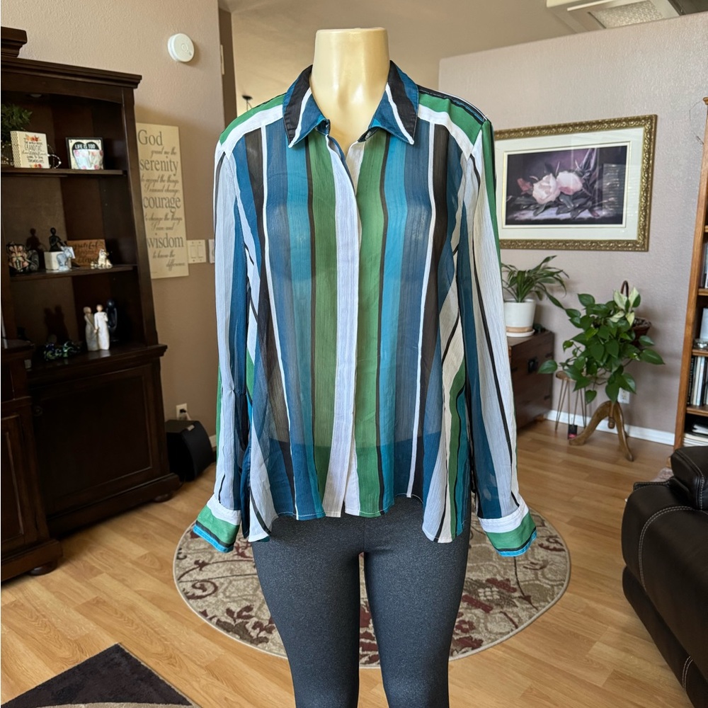 INC green, blue, black & white long sleeve blouse-size XL
